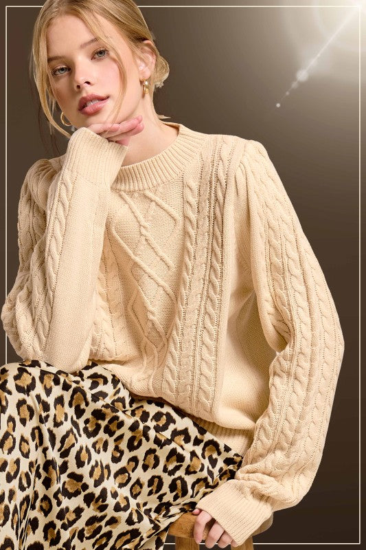 Soft Crew Neck Cable Knit Sweater- Soy Latte