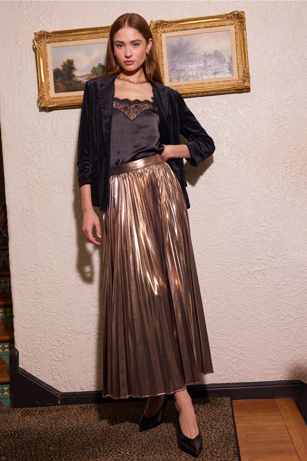 Bronze Metallic Pleated Maxi Skirt