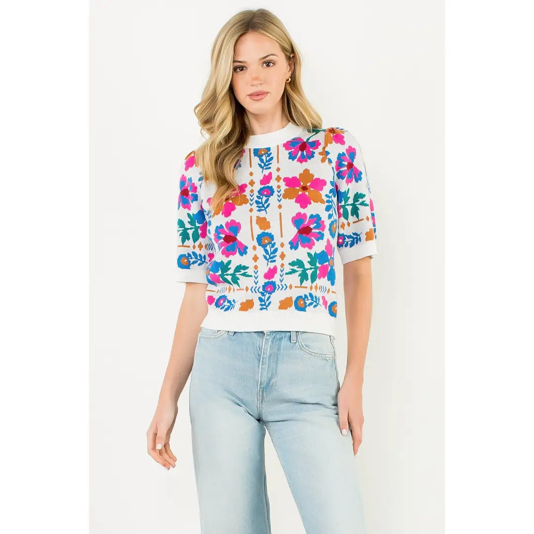 THML Short Sleeve Flower Sweater Top