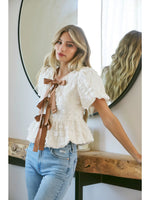 Bubble Textured Baby Doll Top with Contrast Bows - Ivory with Camel Bows