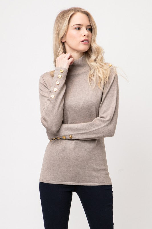 MOCK NECK GOLD BUTTON DETAIL KNIT TOP- AVAILABLE IN -Royal, Cream, Hunter , Gray, Charcoal, Burgundy, Black, Taupe S-XL