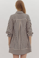 Black Stripe 3/4 Sleeve Mini Dress with Half Button Detail