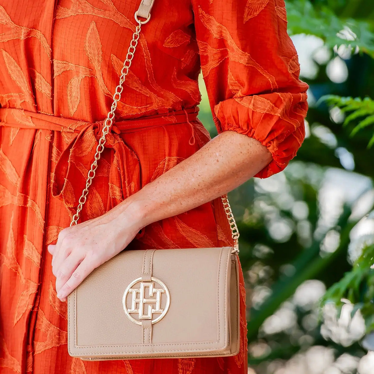Cecilia Circle Logo Handbag Taupe by Caroline Hill