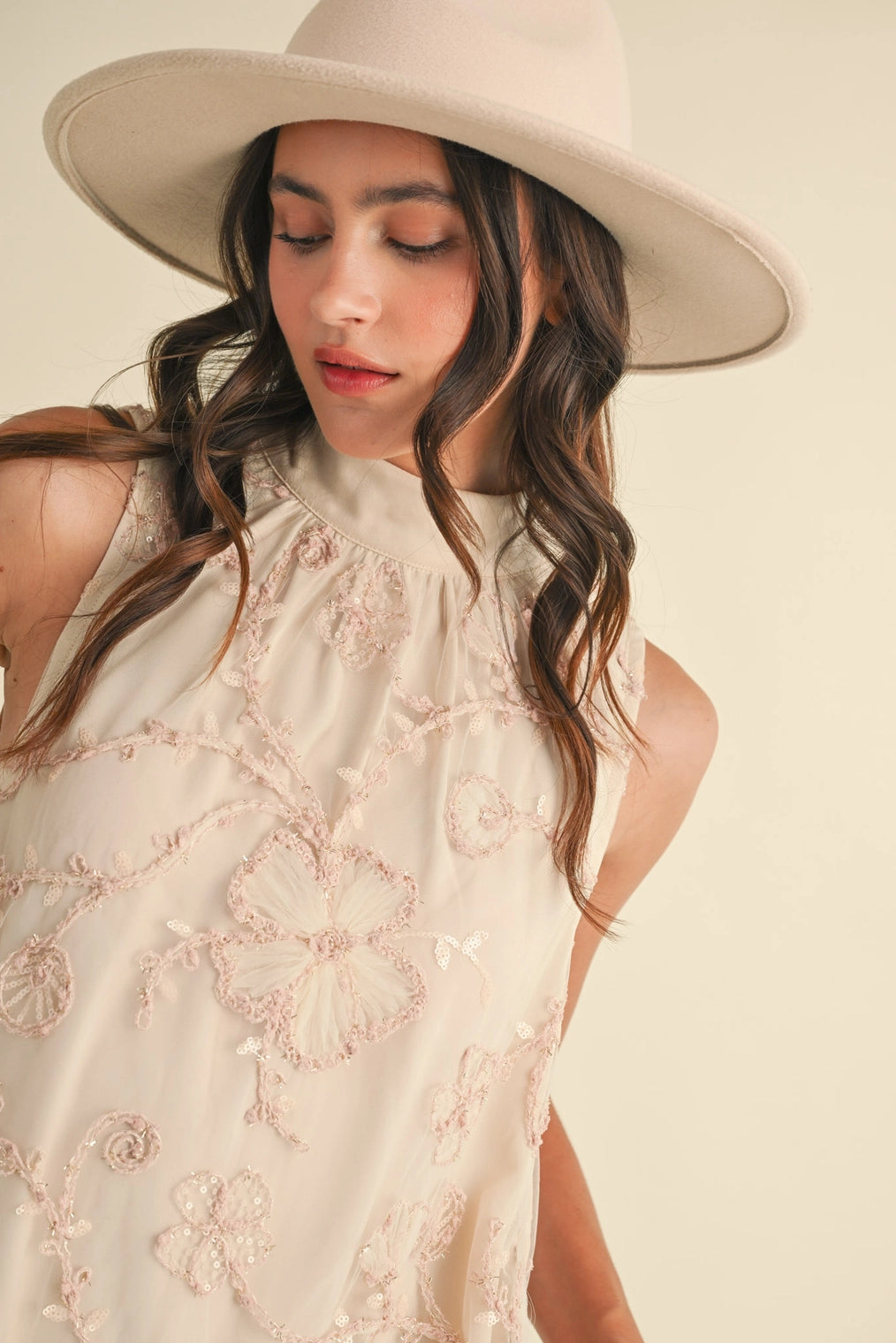 Bubble Hem Embellished Mixed Media Mini Dress - Creamy Blush