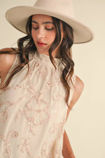 Bubble Hem Embellished Mixed Media Mini Dress - Creamy Blush