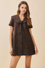 Leopard Washed Denim Sailor Collar Tied Mini Dress