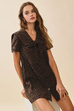 Leopard Washed Denim Sailor Collar Tied Mini Dress
