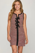 RED SLEEVELESS TWEED DRESS WITH BLACK BOW DETAIL