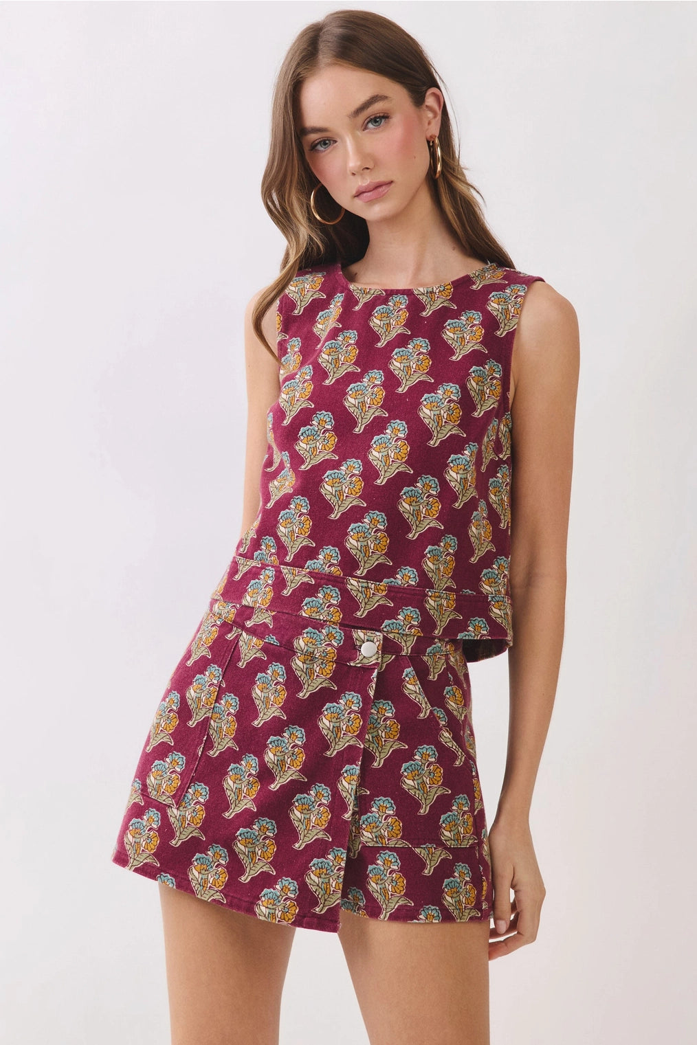 Floral Print Sleeveless Crop Top and Wrap Front Design Skort SET- Burgundy Wine
