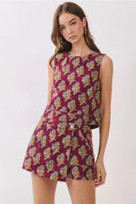 Floral Print Sleeveless Crop Top and Wrap Front Design Skort SET- Burgundy Wine