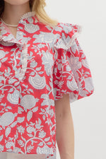 Paisley Print Bubble Sleeve Top with Detail Trim