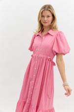 Bubblegum Pink Button Down Midi with Self Tie at Both Sides