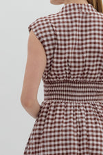 Mocha Gingham Zip Front Midi Dress with Side Pockets