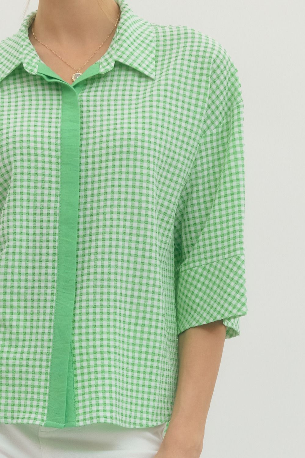 Piper Gingham 3/4 Sleeve Top with Hidden Button Placket - Mint￼
