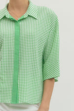 Piper Gingham 3/4 Sleeve Top with Hidden Button Placket - Mint￼