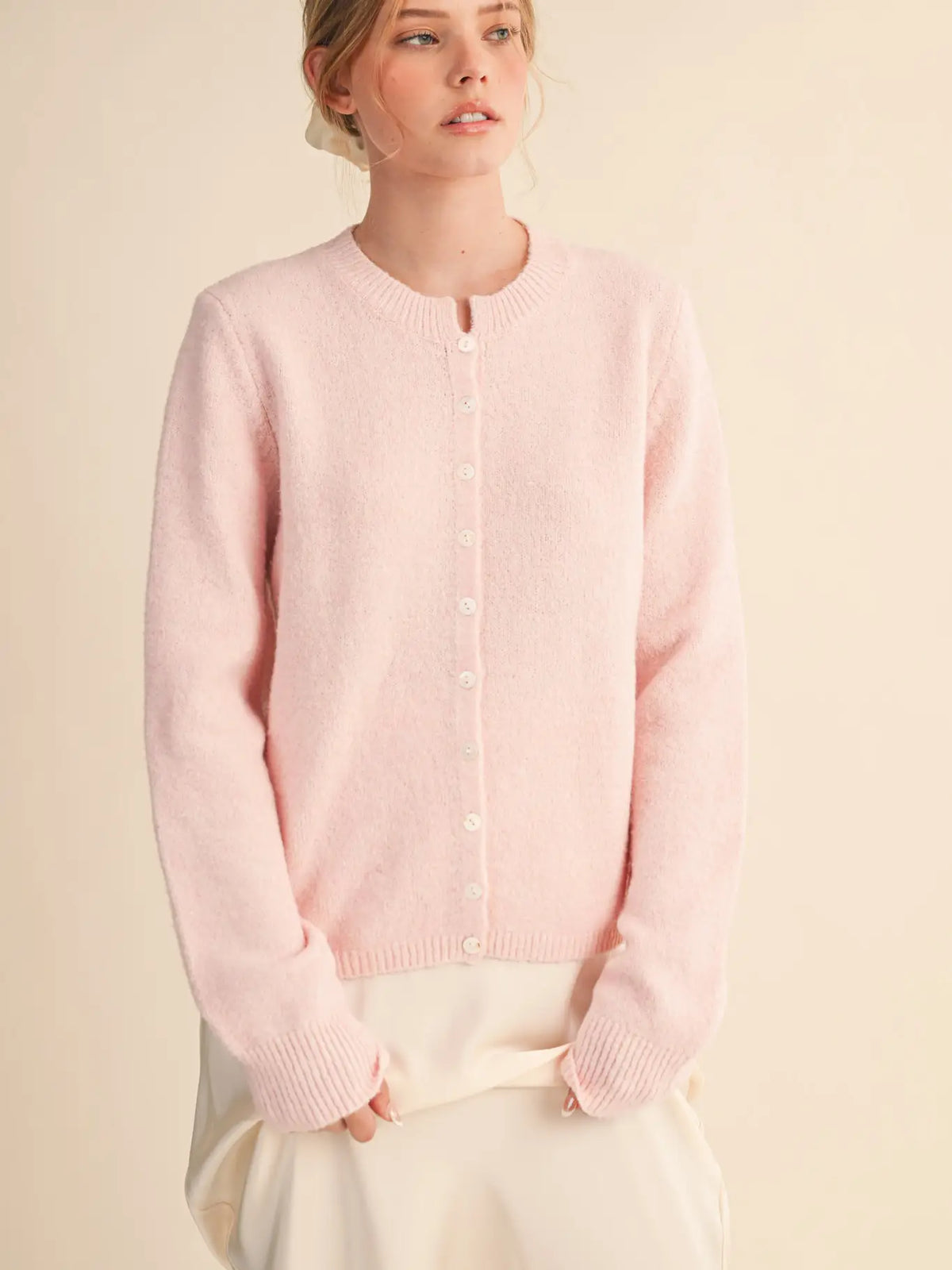 Marled Knit Button Up Sweater Cardigan - Pastel Pink