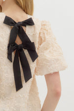 Solid Applique-Textured Bubble Sleeve Featuring Contrast Accent Bow Tie Closure at Back.