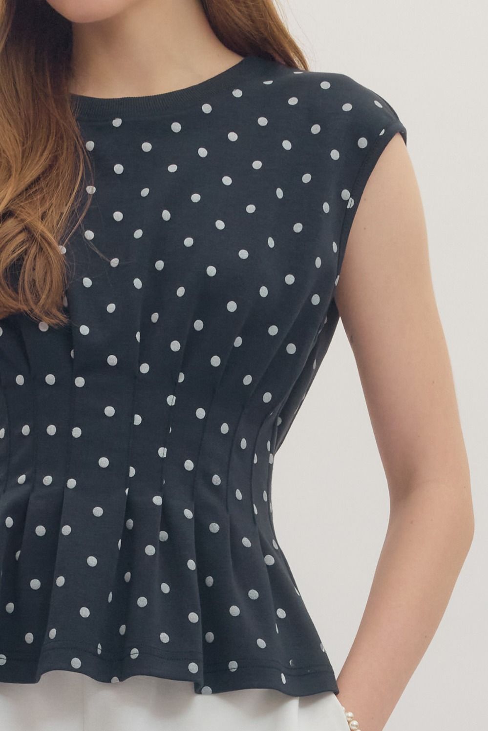 Blaine Polka Dot Peplum Top- Navy