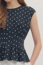 Blaine Polka Dot Peplum Top- Navy