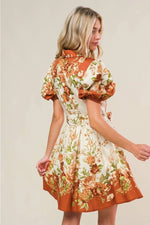 Floral Garden Puff Sleeve Mini Dress with Tie Waist