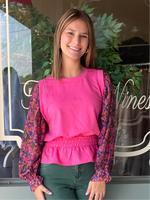 LONG SLEEVE CINCHED WAIST SHEER FLORAL SLEEVES TOP