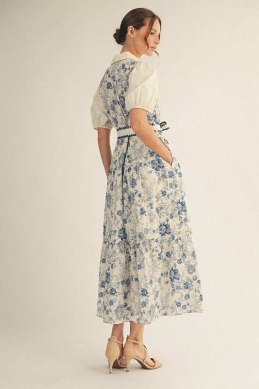 Nina Button Down Floral Tiered Dress with Tie Waist- Ivory/Blue