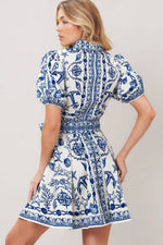 Wynette Nautical Printed Button Down Mini Dress with Self Sash Tie Waist