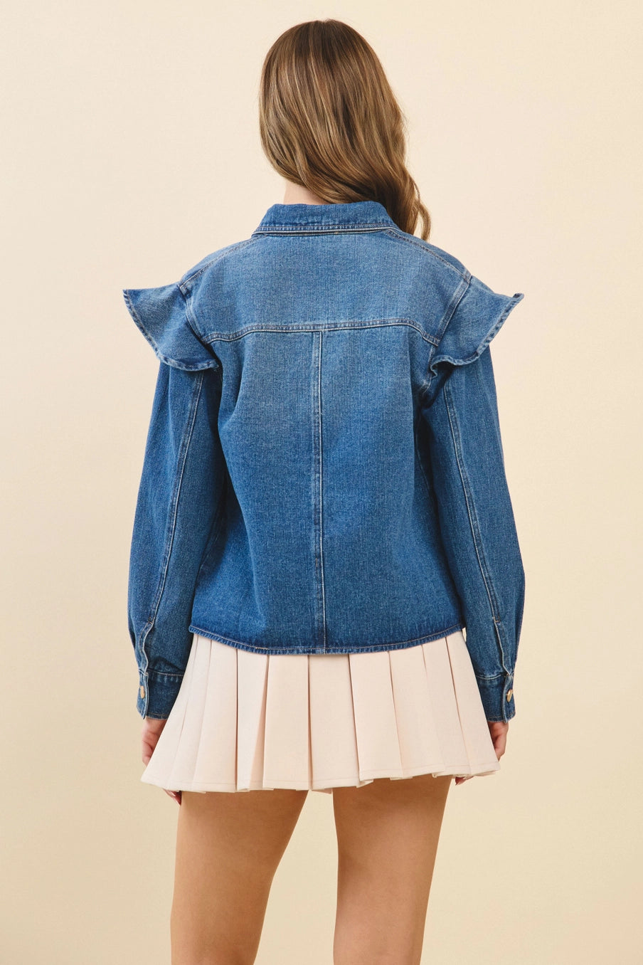 Harley Oversized Ruffle Yoke Collared Neckline Denim Top/Jacket with Gold Button