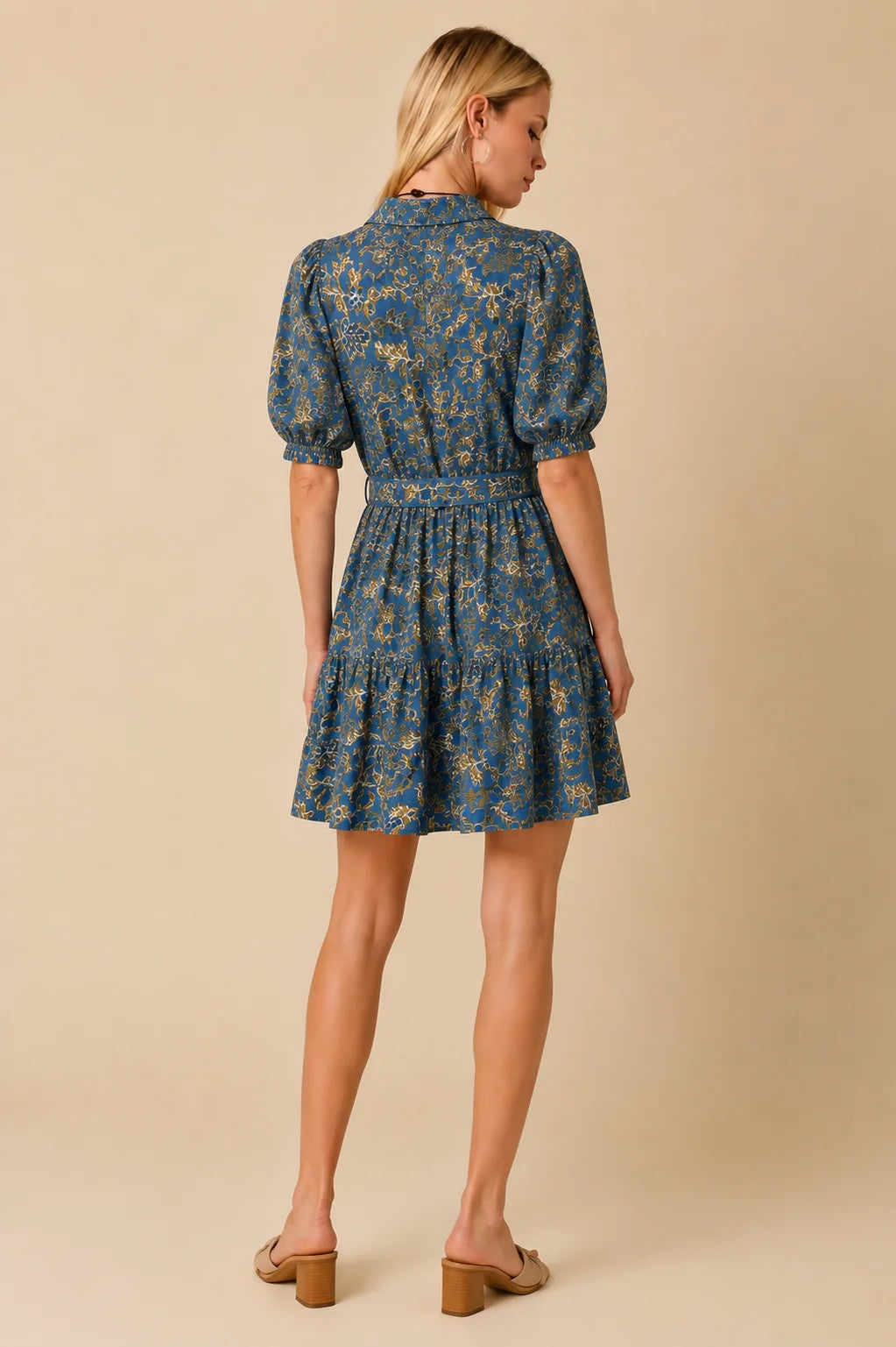 Blue and Muted Gold Floral Belted Mini Dress by Olivaceous