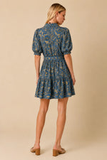 Blue and Muted Gold Floral Belted Mini Dress by Olivaceous
