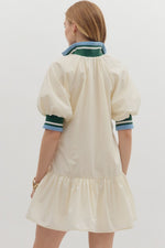 Ivory Puff Sleeve Ruffle Hem Mini Dress with Multistripe Collar and Cuff/ Side Pockets/ Non Sheer