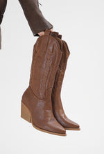 Brown Stitch Detailed Pointed Toe Cowboy Boot