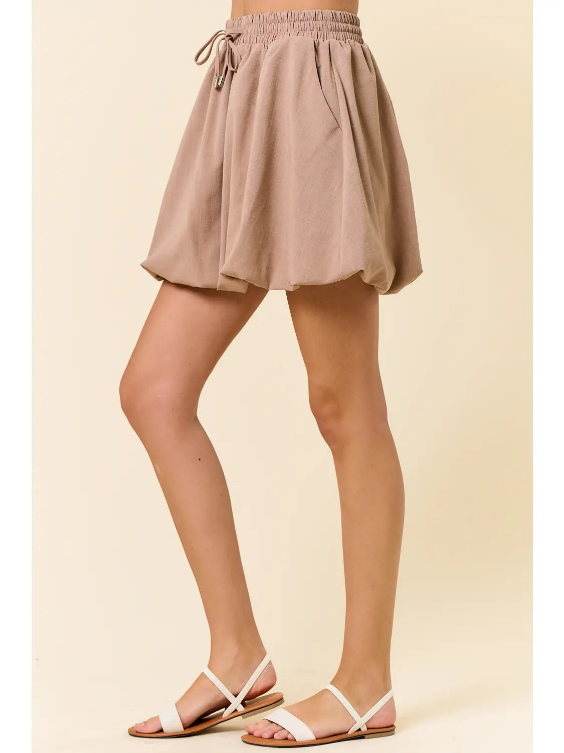 Drawstring Waist Mini Bubble Skirt with Pocket - Taupe