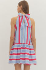 Laurel Striped Tie Neck Halter Mini Dress with Side Pockets- Red/Blue