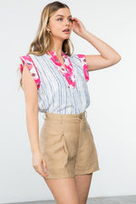 THML Mixed Media Top with Pink Floral Neck and Sleeve