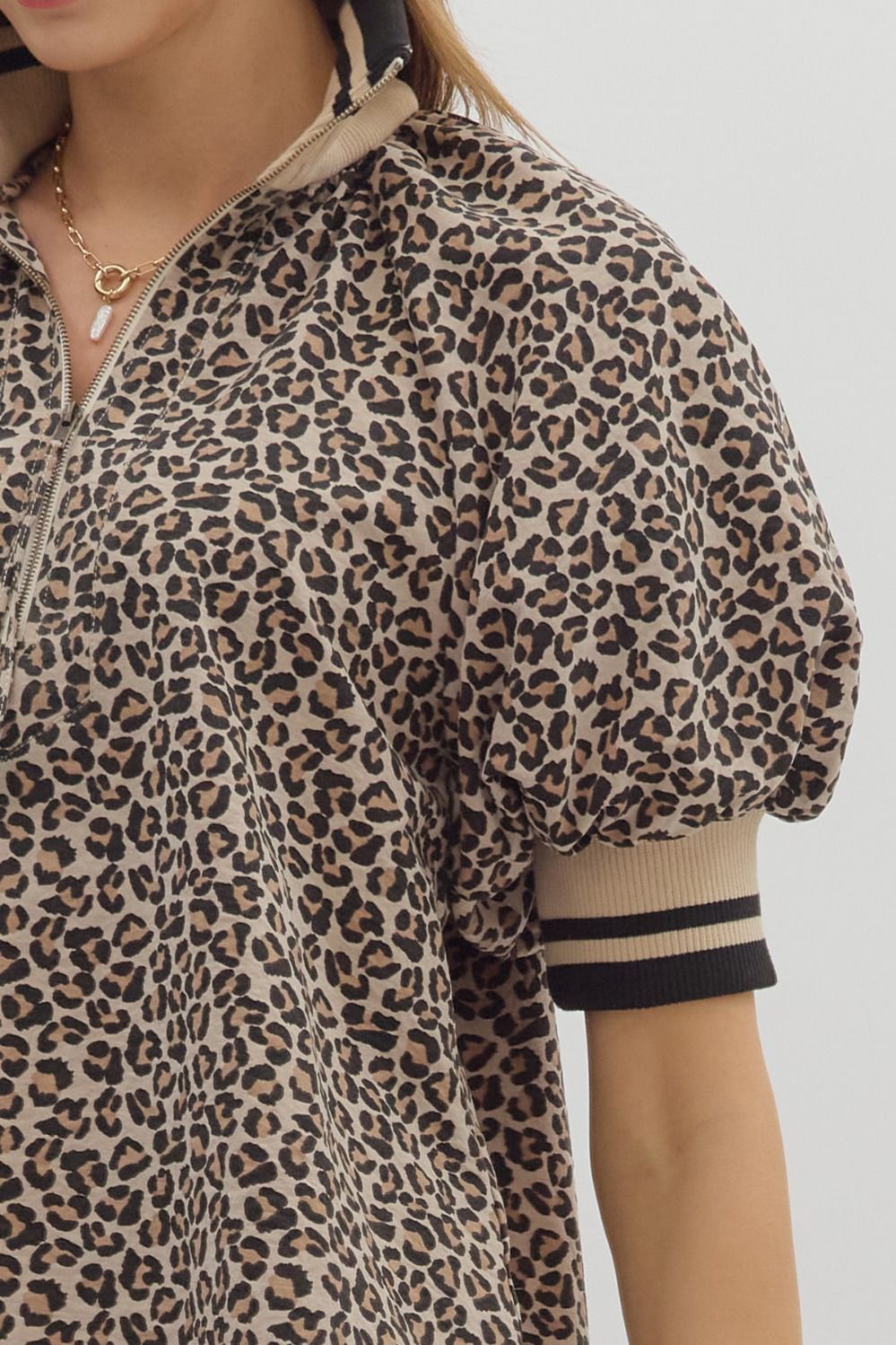 Peyton Leopard Half Zip Top featuring Multicolor Band Collar