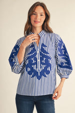 Baroque Striped Detail Top- Royal