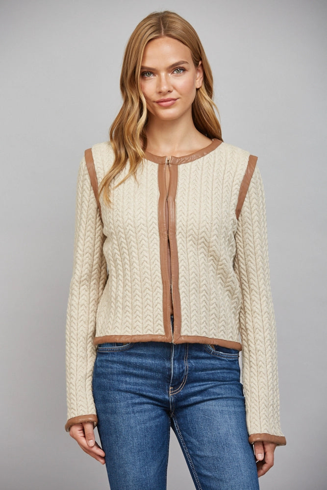 Charlotte Camel Leather Trim Cable Knit Sweater by FATE
