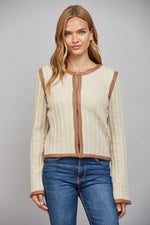 Charlotte Camel Leather Trim Cable Knit Sweater by FATE