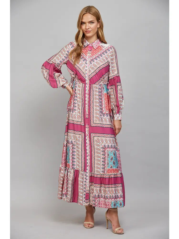 Patchwork Cinched Waist with Side Tie Detail Maxi Dress by FATE