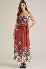 Liza Floral Pleated Neckline Sleeveless Maxi Dress- Brick