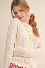 Ruffled Edge Pointelle Knit Sweater Cardigan - Ivory