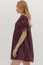 Merlot Solid short puff sleeve featuring diamond smocked band pintuck mini dress