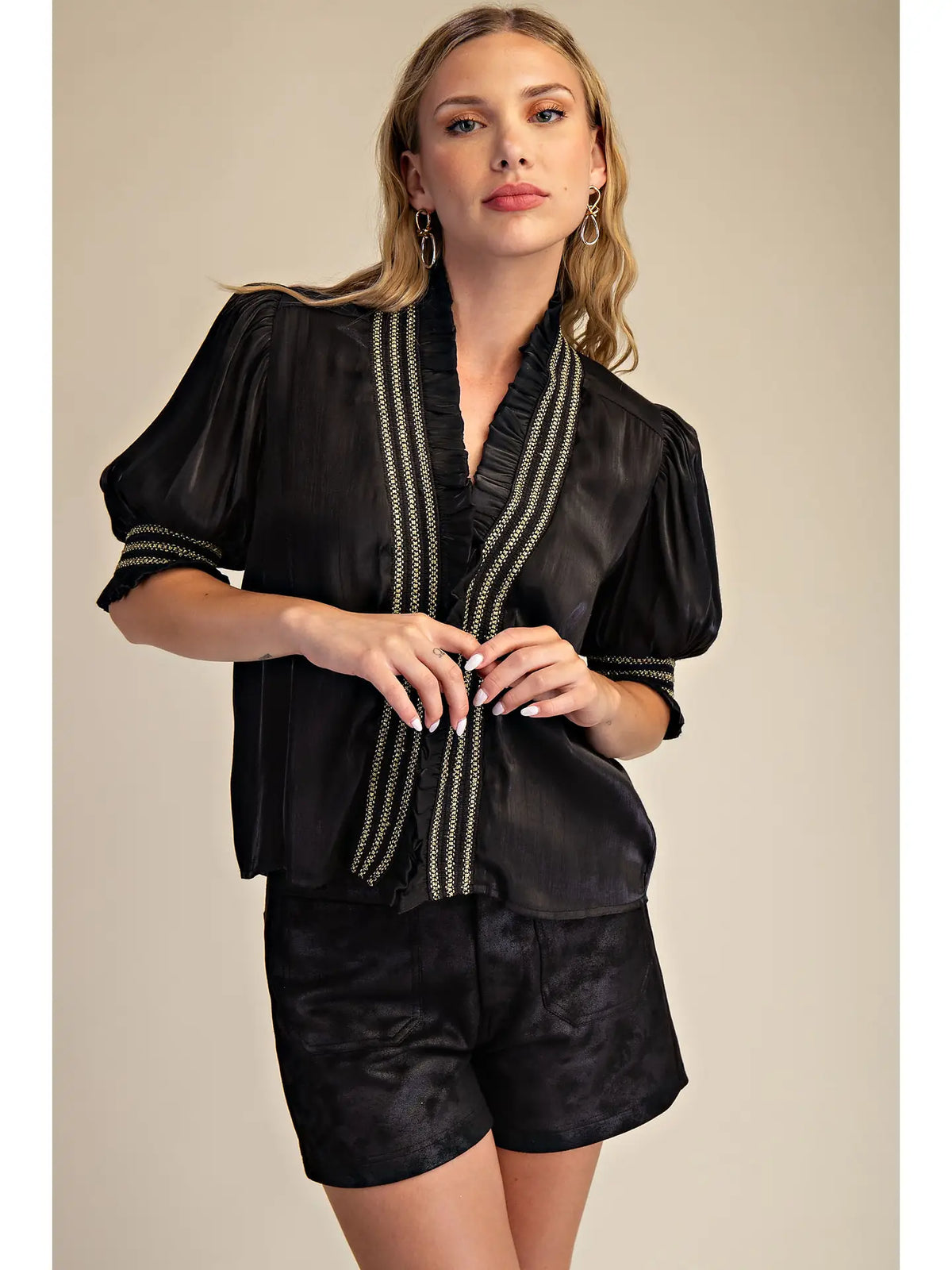 Ruffle V-Neck Smocked Puff Sleeve Blouse - Shiny Black