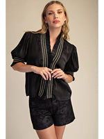 Ruffle V-Neck Smocked Puff Sleeve Blouse - Shiny Black