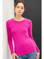 Round Neck Long Sleeve Knit Top-Fuchsia