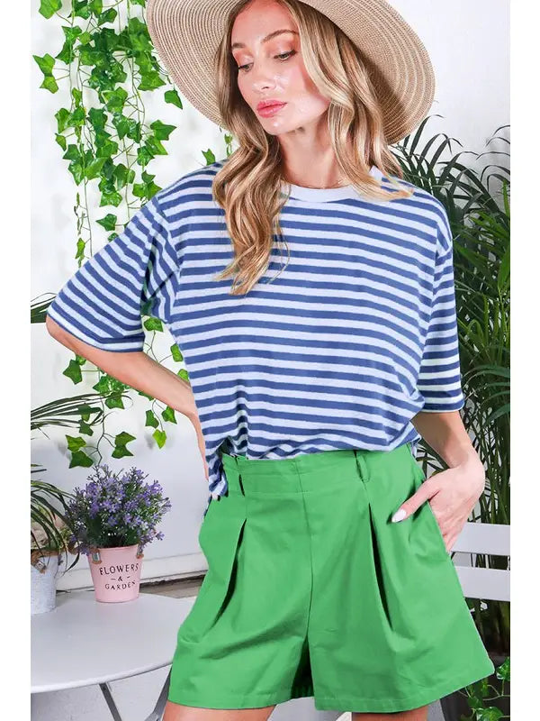 Everyday Crew Neck Short Sleeve Striped Knit T-Shirt Top -* available in Chocolate, Green, Red, Blue