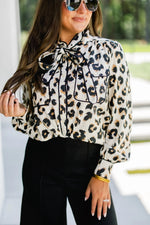 Cream Leopard Front Pocket Tie Neck Button Down Top with Black Piping by Fate
