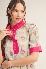 Fuschia Pink Contrast Boho Ruffle Collar Mini Dress