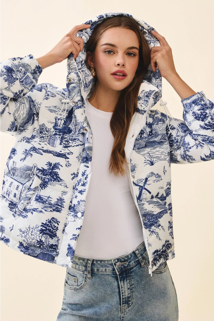 Navy Vintage Print Zip Snap Button Puffer Jacket